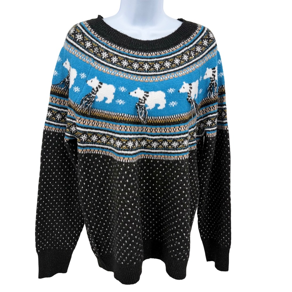 Holiday Polar Bear Fair Isle Knit Xmas Sweater Black Blue Winter Metallic L
